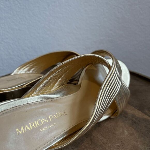 Marion Parke Soft Gold Leather Izzy Criss-Cross Block Heel Sandals Women's 37 US - Picture 13 of 13